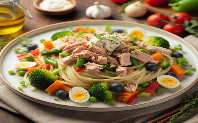 spaguetti-con-atun-y-verduras-con-crema-de-leche-y-pollo